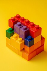 Obraz premium Colorful toy blocks neatly stacked in a gradient from red to purple on a bright yellow background. --