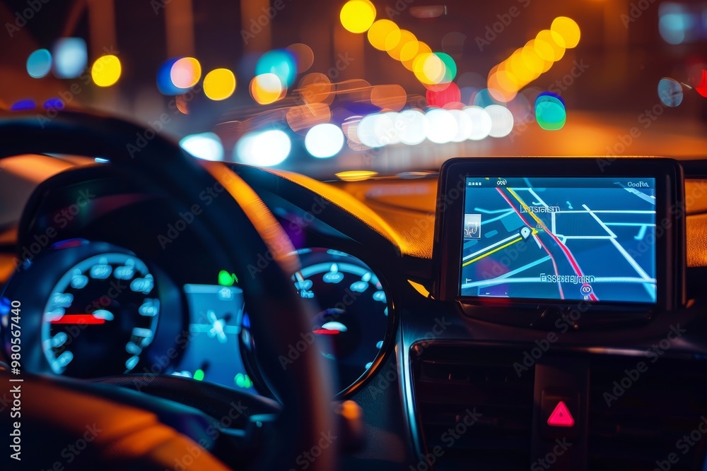 Aufkleber A futuristic car dashboard displaying a GPS navigation map, highlighting advanced automotive technology and smart driving interface for route guidance