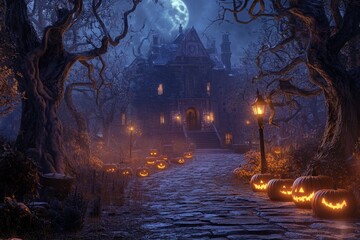 Haunted Village Centerpiece: A Forsaken Mansion Among Dead Trees and Sinister Jack-o'-Lanterns