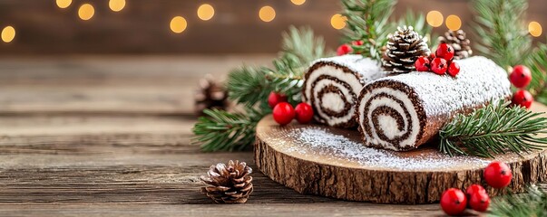 Mini Yule log cakes topped with powdered sugar and festive decorations, served on a rustic holiday platter, Christmas snacks, Yule log dessert concept