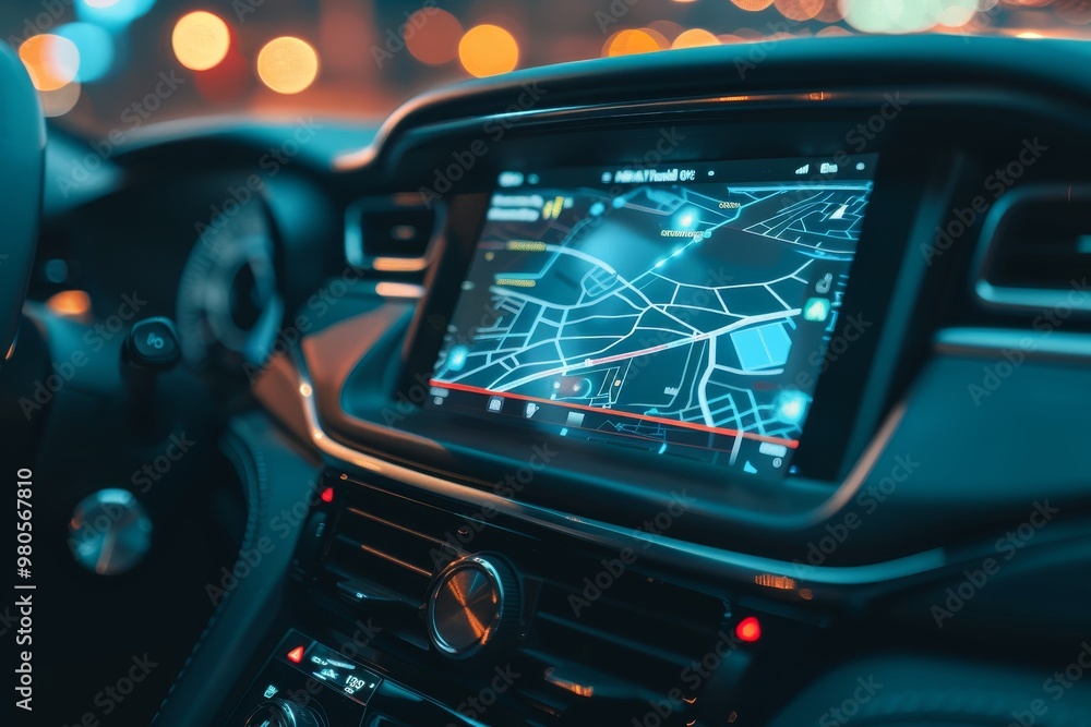 Aufkleber A futuristic car dashboard displaying a GPS navigation map, highlighting advanced automotive technology and smart driving interface for route guidance