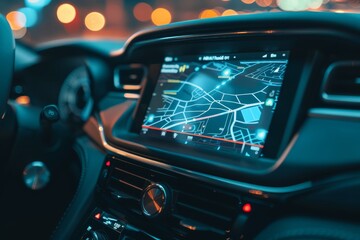 A futuristic car dashboard displaying a GPS navigation map, highlighting advanced automotive technology and smart driving interface for route guidance