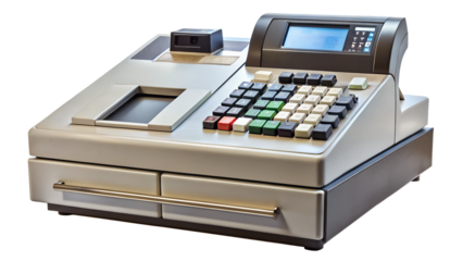 Modern Electronic Cash Register with Customer Display and Functional Keys at Point of Sale. transparent background