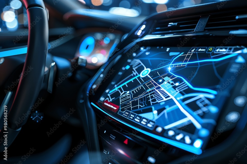 Poster A futuristic car dashboard displaying a GPS navigation map, highlighting advanced automotive technology and smart driving interface for route guidance
