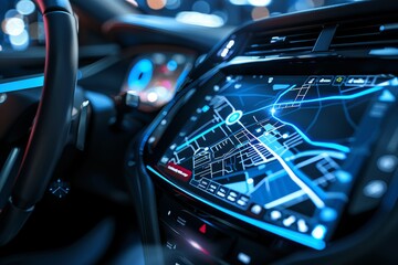A futuristic car dashboard displaying a GPS navigation map, highlighting advanced automotive technology and smart driving interface for route guidance