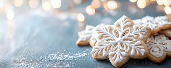Snowflake-shaped sugar cookies with royal icing, set against a backdrop of twinkling fairy lights, Christmas snacks, snowflake cookie concept
