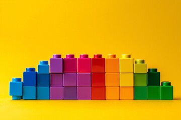 Obraz premium Colorful toy blocks neatly stacked in a gradient from red to purple on a bright yellow background. --