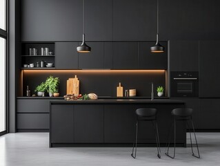 Matte black and white minimalist kitchen with seamless cabinetry and integrated lighting, modern kitchen design, minimalist cabinetry