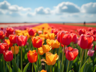 Vibrant Tulip Field in Full Bloom: Stunning Array of Colorful Red, Pink, and Yellow Flowers with Delicate Petals, Green Stems, and Gradients Against Clear Blue Sky with Fluffy White Clouds