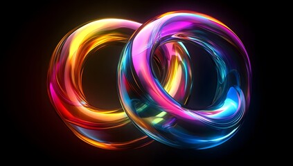 Vibrant colored, Intertwined Neon Rings on a black background,