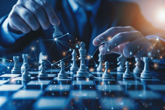 Focused hands strategizing a chess move during a competitive game, symbolizing intelligence, planning, and business strategy on the chessboard.