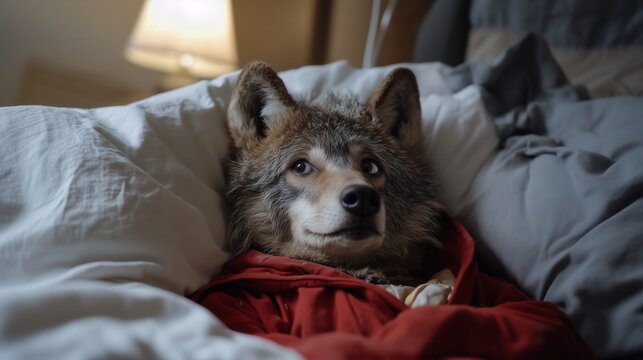 Fairy tale scene with big bad wolf in red cloak resting in bed - storybook illustration for fantasy themes