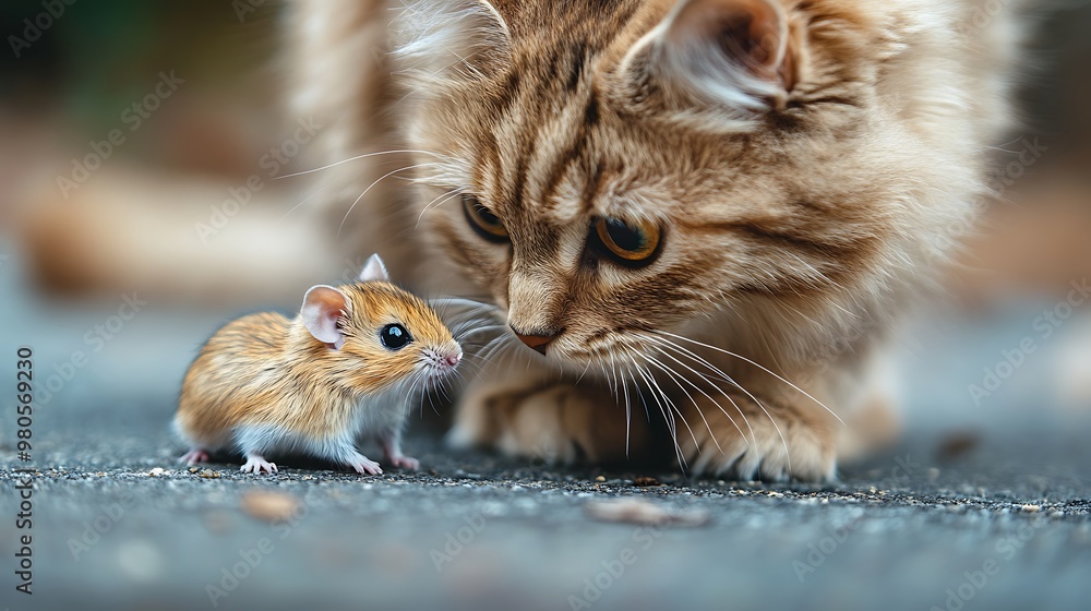 Poster a curious cat and a small mouse face each other, creating a captivating moment of predator and prey.