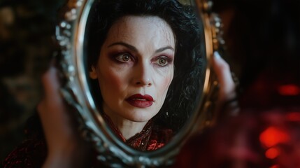 Fototapeta premium Fairytale evil queen gazing into mirror - mysterious fantasy scene for posters and cards