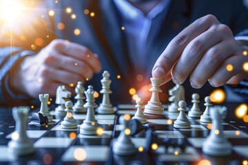 Focused hands strategizing a chess move during a competitive game, symbolizing intelligence, planning, and business strategy on the chessboard.