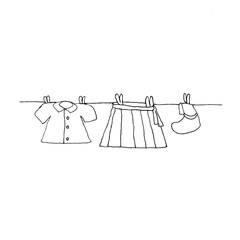 laundry on a line, funny doodle, black and white image