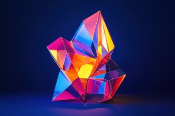 A colorful geometric sculpture illuminated with vibrant lighting against a dark background.