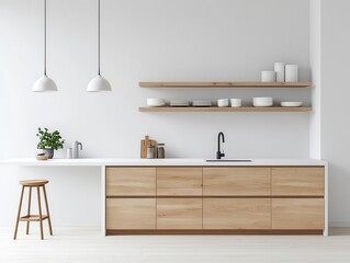 Open-plan kitchen with light wood minimalist cabinets, smooth white countertops, and built-in storage, modern cabinetry, minimalist kitchen