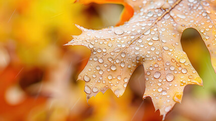 Dew-Kissed Autumn Leaf, a vibrant close-up showcasing intricate textures of a leaf adorned with glistening droplets, capturing the essence of a crisp morning in fall.