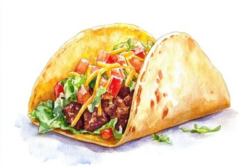 A colorful illustration of a taco filled with meat, lettuce, tomatoes, and cheese.