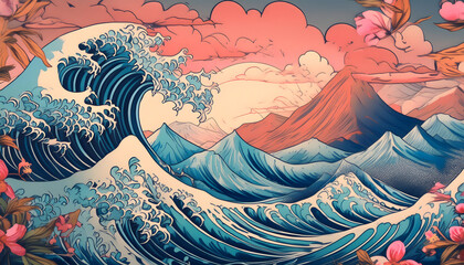 landscape, sea, nature, illustration, waves, new, orange, turquoise, color, background, seamless, mountain, sky, sunset, mountains, sun, silhouette, design, water, cloud, art, wallpaper, clouds, ad, 