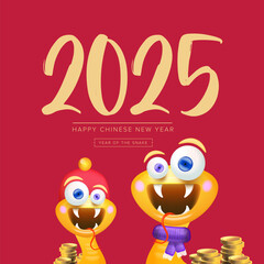Cartoon Happy Chinese New Year 2025 illustration vector design with cute and friendly golden snake and golden coins. Cartoon snake with scarf symbol of 2025 lunar year. New year illustration