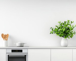 White minimalist kitchen with modern cabinetry, built-in appliances, and seamless storage solutions, modern interior, sleek cabinetry design