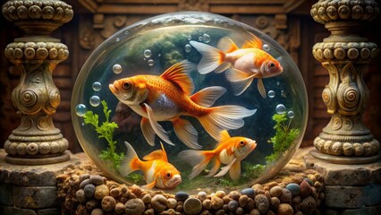 Fototapeta premium Goldfish swimming in a circular tank surrounded by ornate stone decorations, with a few bubbles rising to the surface