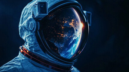 astronaut looking at earth in space suit - blue, dark, dramatic, futuristic, science fiction, space exploration, cosmonaut, helmet, exploration, technology, universe