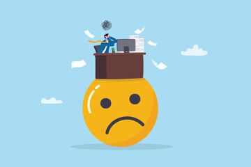 Fototapeta premium Unhappy employee, dissatisfied work, busy overworked or worried with anxiety depressed, miserable or disappointed career, anxious or burnout concept, unhappy office businessman working on upset face.