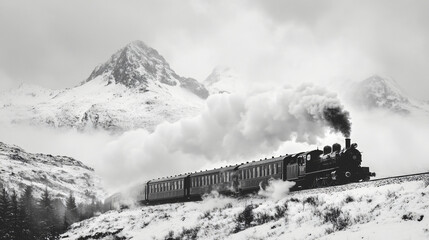 black and white steam train through snowy mountains landscape