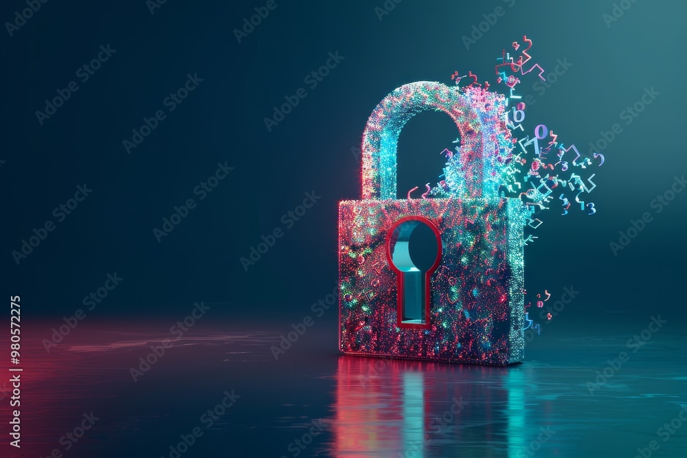 Poster Futuristic padlock in a digital world with flowing data, symbolizing cybersecurity, encryption, and advanced technology for secure information