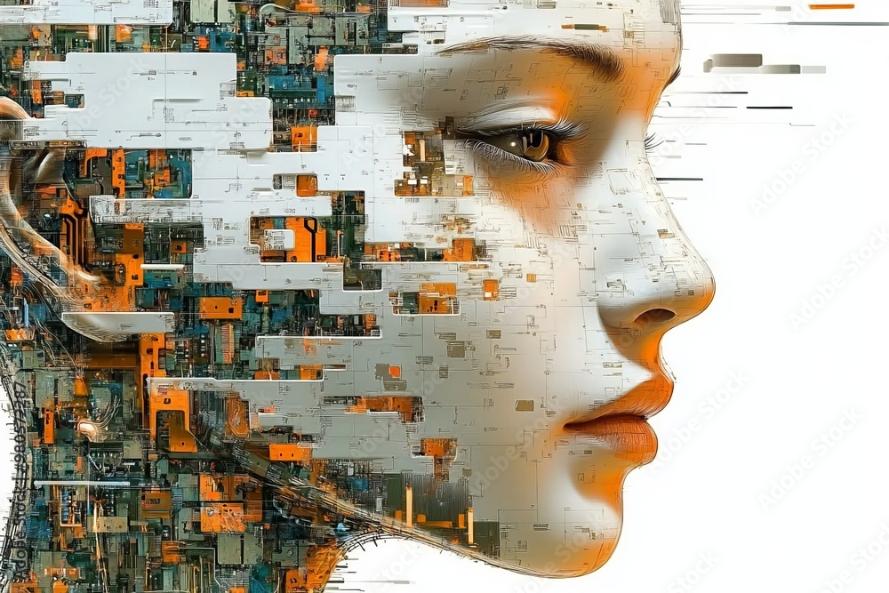 Poster fragmented humanoid face made of digital squares and circuitry symbolizing the breakdown of human id