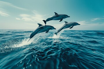 Naklejka premium Three dolphins leap gracefully above the sparkling sea. The image captures their playful energy. A stunning display of nature in motion. Generative AI