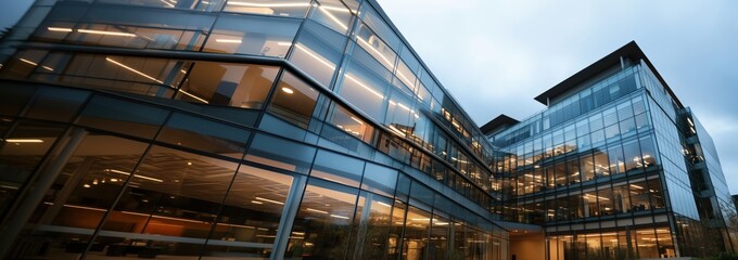 Fototapeta premium Modern glass office building at dusk for architectural print or poster
