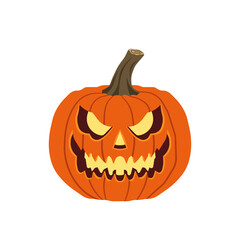 Scary pumpkin face with glowing eyes and wicked grin for Halloween decoration and trick-or-treat tradition, Vector flat illustration design