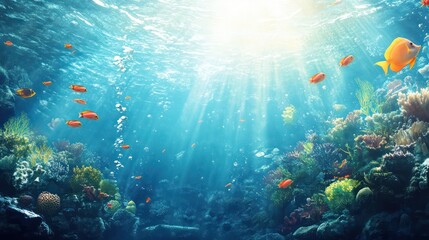 Obraz premium An underwater sea illustration, filled with colorful fish, coral reefs, and sunlight filtering through the water surface.