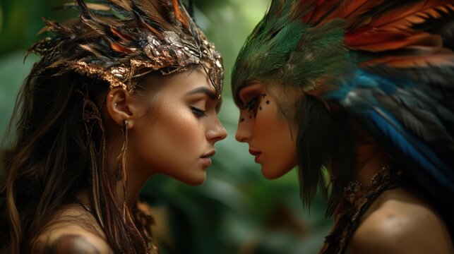 Mythical bird maidens: sirin and alkonost with feathered headdresses for fantasy art and folklore inspiration