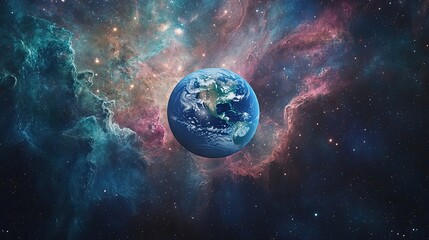 Fototapeta premium Earth Surrounded by Vibrant Cosmic Nebula