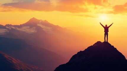 Inspirational person standing triumphantly on a mountain peak with sunrise in the background radiating a winning attitude and positivity