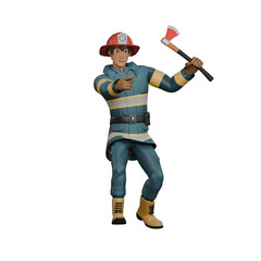 3D Cartoon of Male Firefighter. A firefighter holds a fire ax in his hand while pointing in a certain direction with his other hand . Professional