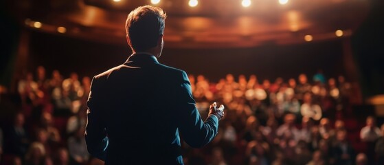 Inspirational leader giving a motivating speech on stage, exuding a winning attitude and confidence with an enthusiastic audience