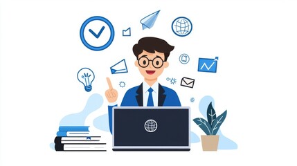 Businessman using a laptop in a modern office setting