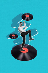 Vertical photo collage of happy guy dance retro event vinyl disk party celebration record entertainment isolated on painted background