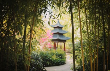 A serene Chinese garden setting with bamboo trees, a pagoda in the background, and subtle floral...