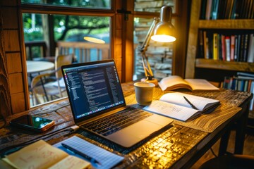 An organized home office workspace with a laptop, task board, and notes, offering a creative and focused environment for late-night work