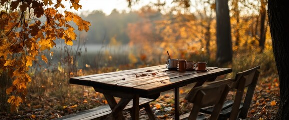 Picturesque autumn landscape with tranquil lakeside picnic scene for seasonal posters or cards