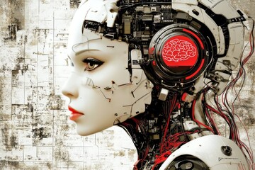 Fototapeta premium White robotic woman with exposed circuitry in her skull symbolizing the fusion of human biology and advanced robotics in the era of artificial intelligence