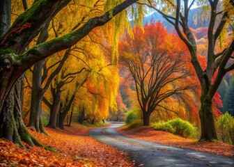 Fototapeta premium Granular forest floor, ablaze with autumn colors, beneath wispy willow branches and deciduous trees lining the Virginia Blue Ridge Parkway's winding road.