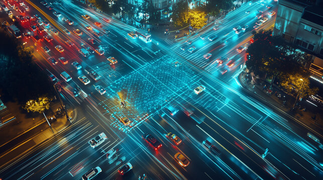 AI-powered smart city traffic system optimizing vehicle flow, featuring real-time data analysis and automated control. The advanced technology enhances urban mobility, reducing congestion and improvin